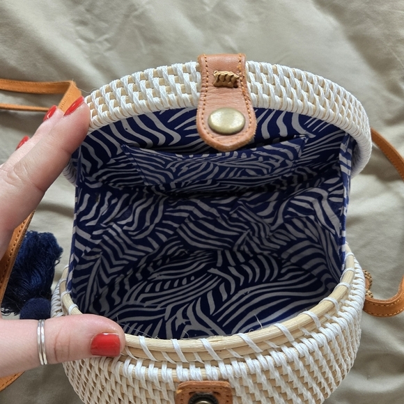 White Woven Crossbody Bag with Tan Strap - Picture 5 of 7